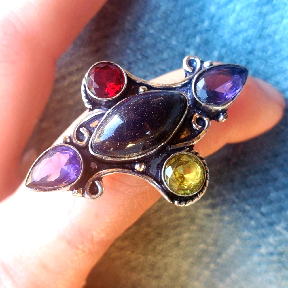 New Blue Sunstone, Amethyst, Garnet and Citrine 925 Silver Ring.